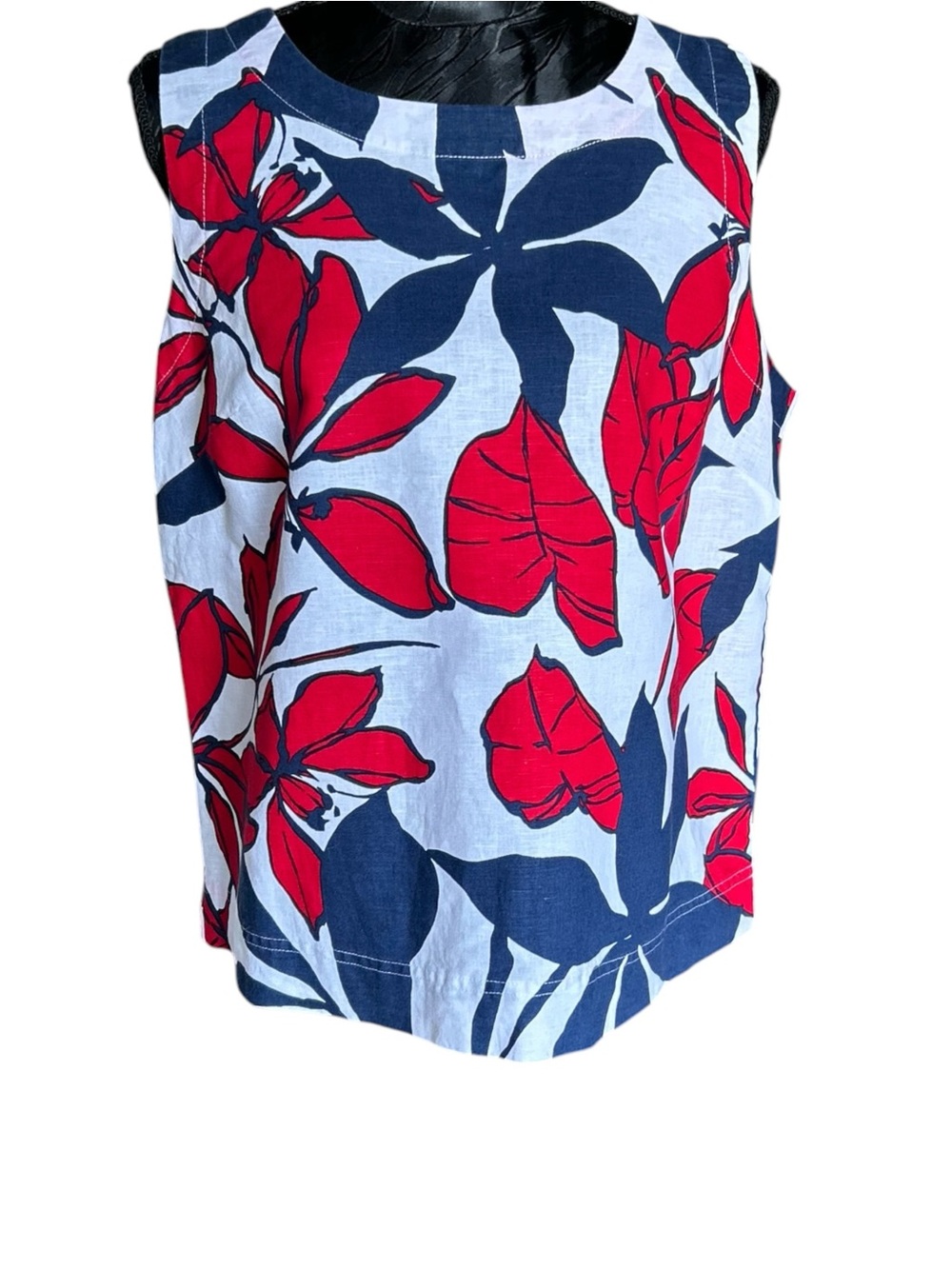 Tropical Floral Sleeveless Tank Top Red Navy White Women’s L XL